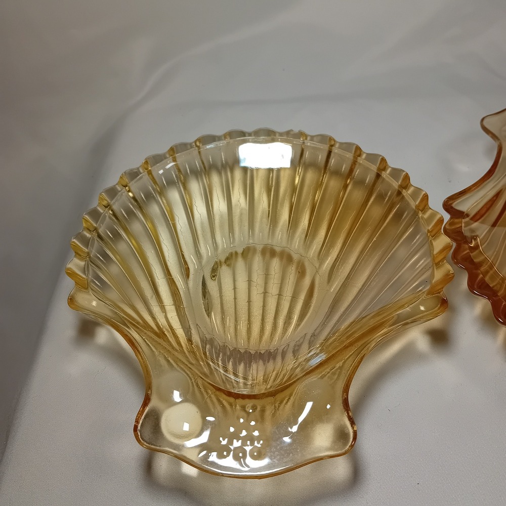 Set 2 Jeanette Marigold Carnival Glass Clam Seashell Trinket Dish Candy Tray - Picture 7 of 10